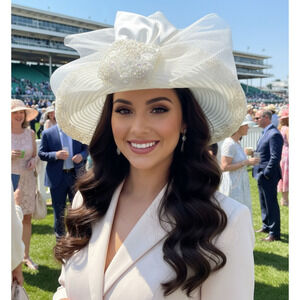 Vintage Whitall & Shon Kentucky Derby Church Hat White Satin Sequin Organza Bow